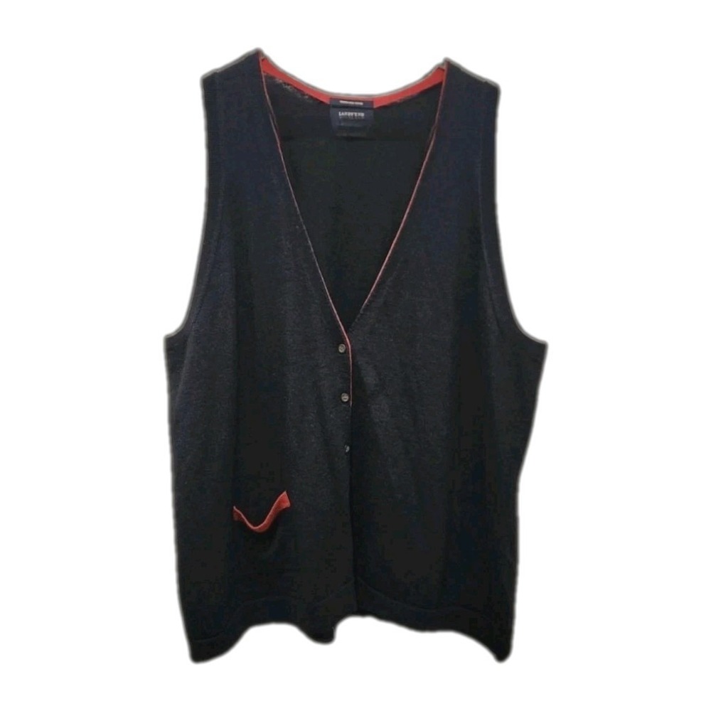 Lands End Italian Spun Merino Wool Sweater Vest Navy Red Trim Sz 2x 20W 22W